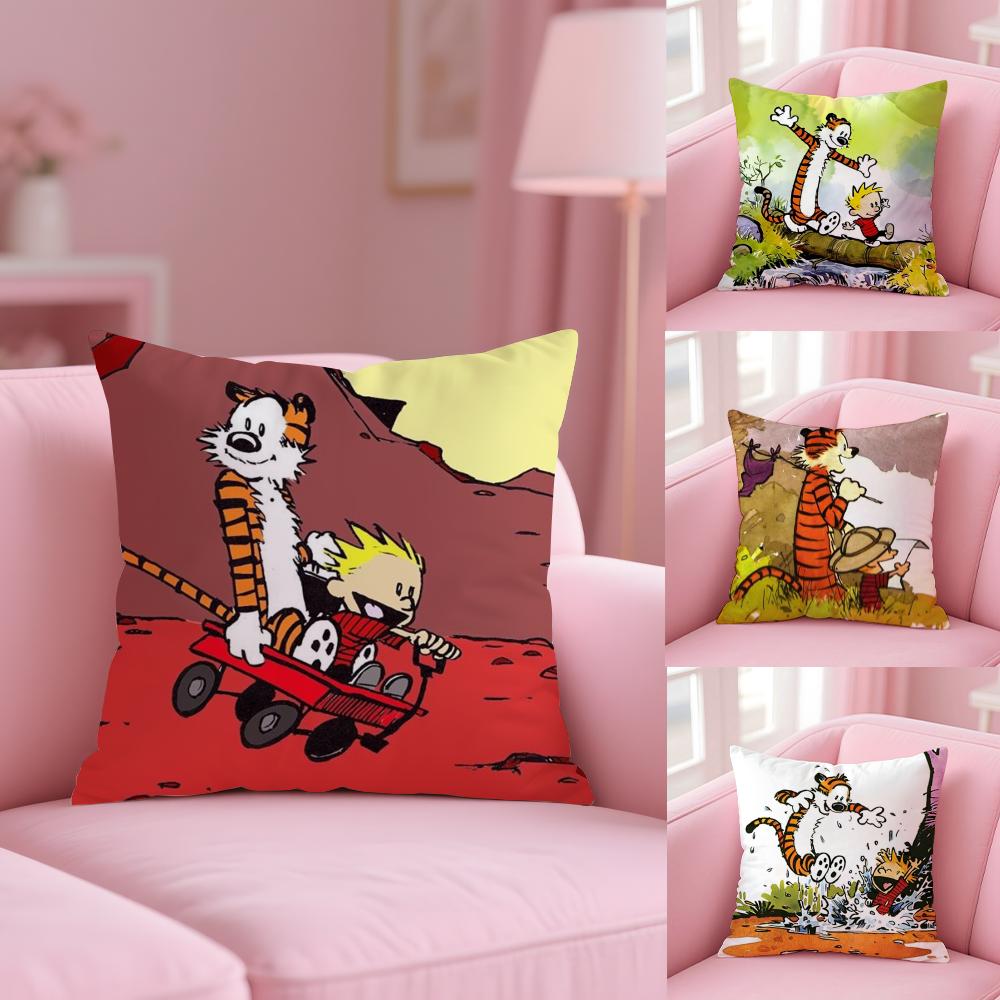 C-Calvin And H-Hobbes Cushion Cover Plush Fabric Soft Double-Sided Printed Sofa Warm Winter Home Gift Pillow Case