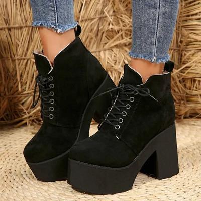 Ladies Shoes 2024 New Lace Up Women's Boots Autumn Round Toe Suede Solid Short Barrel Platform Chunky Heels Fashion Boots