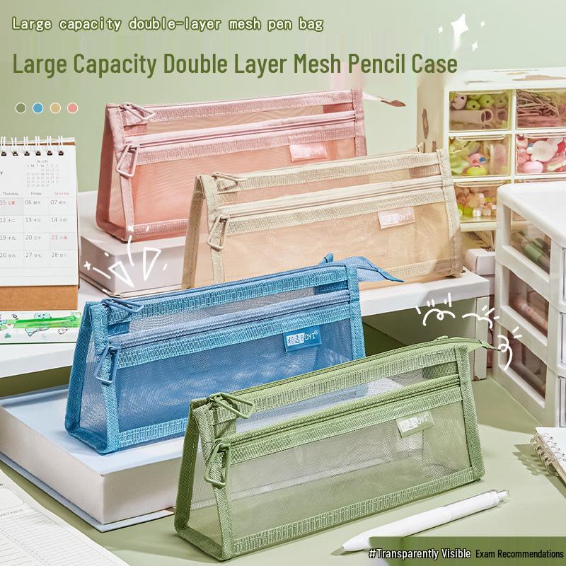 Clear Mesh Double-Layer Pencil Case - Large Capacity 3D Stationery Bag for Kids & Students