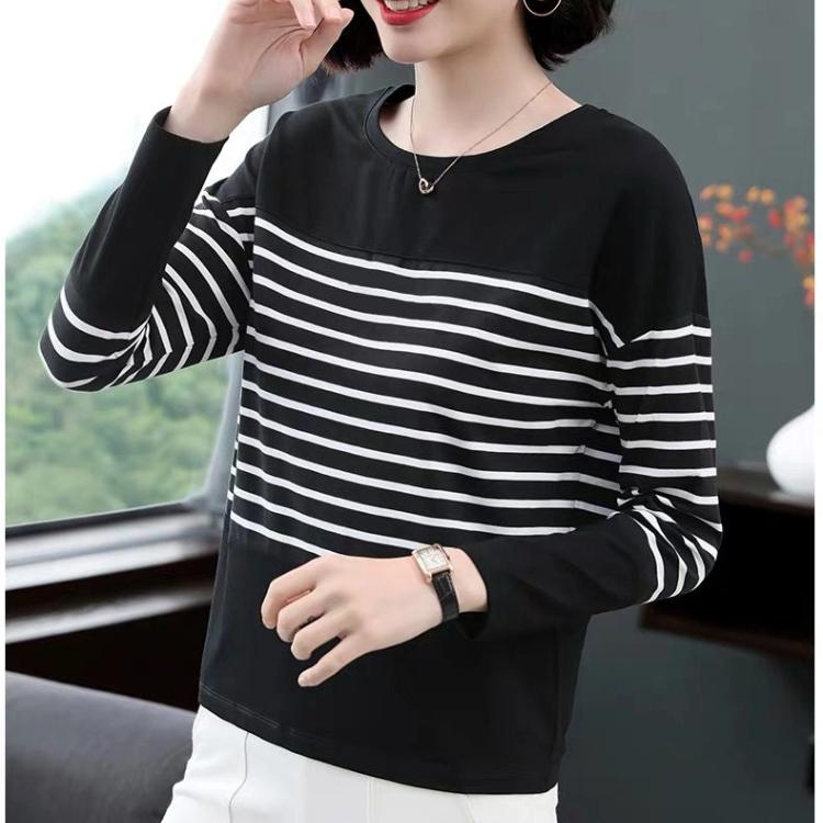 M-5XL Long Sleeved T-shirt for Women Fashion Autumn Clothing Loose Round Collar Bottoming Shirt New Striped Top