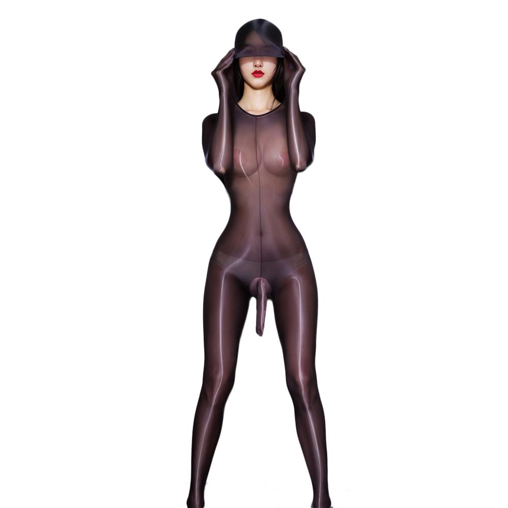 Sexy Women Full Cover Maid Tights Glossiness Elastic Bodysuit Rompers Sheer See Through Bulge Pouch Leotard One Piece Thong