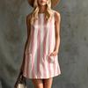 Vintage Striped Mini Dress, Round Neck Sleeveless Women Dress