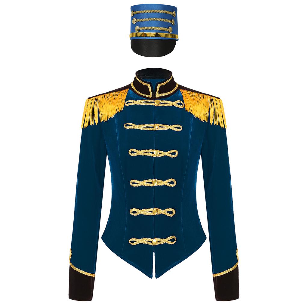 Womens Ringmaster Costume Circus Carnival Party Long Sleeve Stand Collar Fringe Shoulder Jacket Coat Hat Set