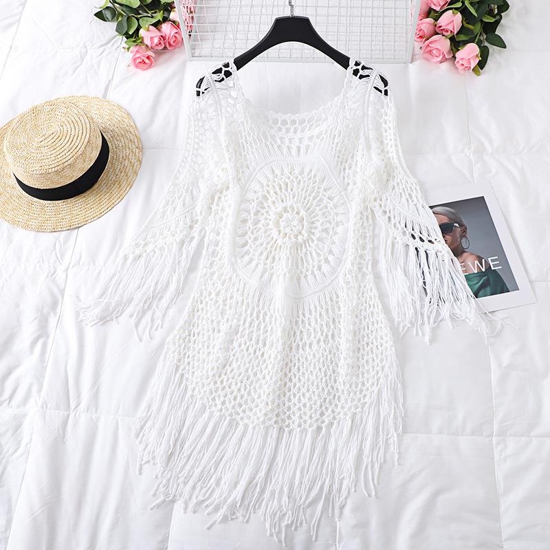 

Женское пляжное платье, праздничная рубашка от солнца, вязаная крючком, полая накидка на крючки, купальник, платье с кисточками One Size озеро синий