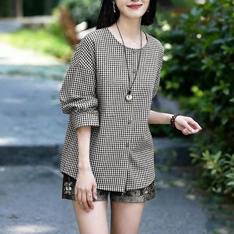 

ZANZEA Women Casual Round Neck Long Sleeve Plaid Print Blouse 5XL чорний