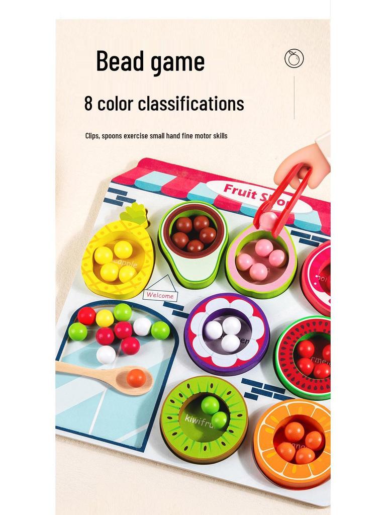 Kids' Wooden Fruit Color Sorting Plate & Bead Clamping Educational Toy for Sensory Training