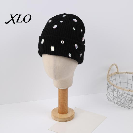 Music Festival Punk Style Cap Bling Rhinestone Knitted Hat, Street Knit Winter Sparkly Geometric Hat Warm Skull for Women Autumn Fashion Accessories