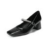 Fashion French Style Black Mary Janes Women's Mid Heel Pumps with Rhinestone Ankle Strap Chunky Square Toe Fashion Work Shoes for Women