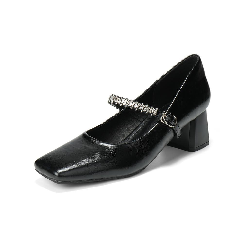Fashion French Style Black Mary Janes Women's Mid Heel Pumps with Rhinestone Ankle Strap Chunky Square Toe Fashion Work Shoes for Women