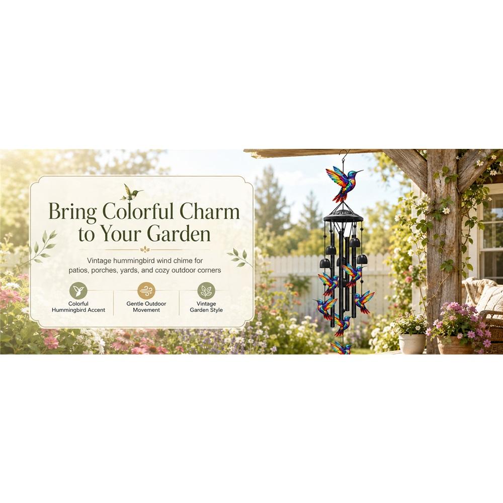 Carillon éolien Colibri Coloré Vintage avec Tubes Métalliques et Clochettes, Ton Doux Décor Extérieur de Jardin pour Cour, (Colibri)
