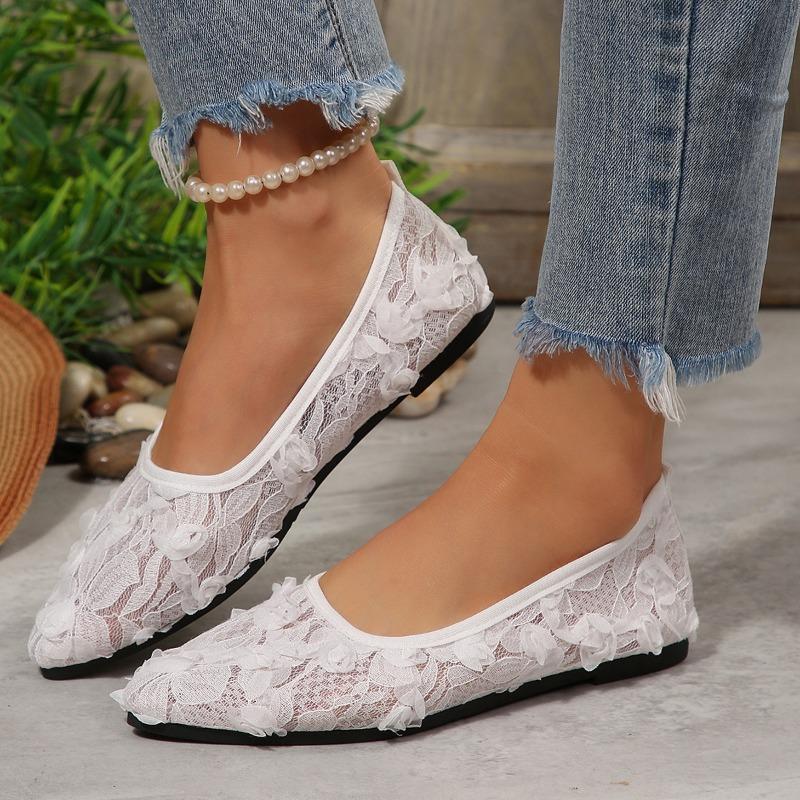 French Fairy Lace Flower Flat Shoes Slip-On Casual Shoes Outdoor Wear Summer Women Pointed Toe Ballet Sandal