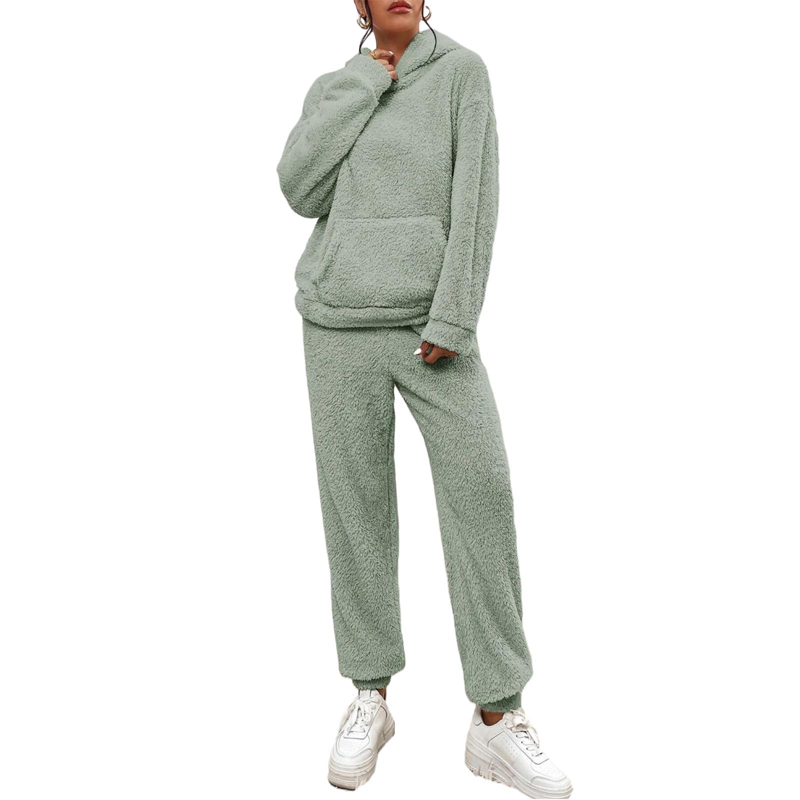 Women Fuzzy Fleece Pajamas Lounge Set Long Sleeve Pullover Top and Pants Set S