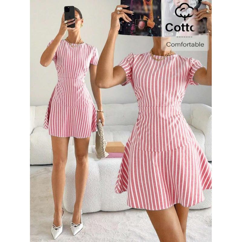 European summer new casual temperament striped waist and thin round neck short-sleeved mini dress XS розовый