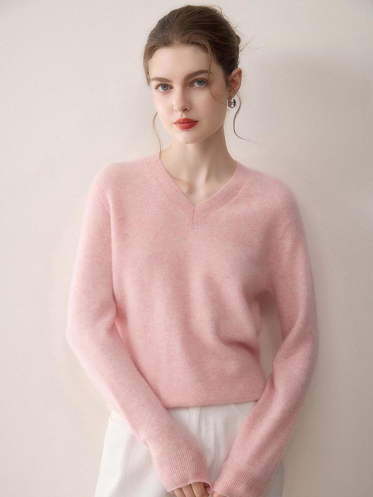 Women's V-Neck Cashmere Knit Pullover - Long Sleeve, Loose Fit, Autumn/Winter Collection