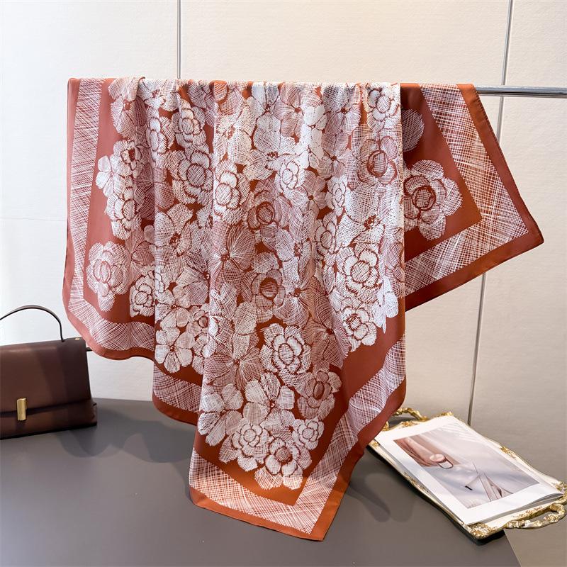 90Cm Luxury Design Floral Printed Women'S Silk Twill Stain Bandana Shawl Large Square Collar Fashion Female Handkerchief Foulard