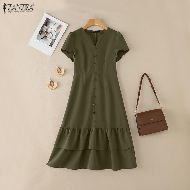 ZANZEA Women Casual V-Neck Short Sleeve Ruffles Hem Dress