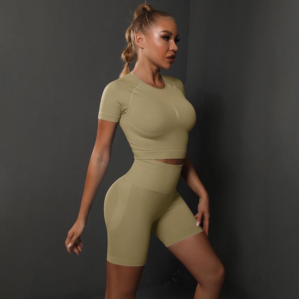 Seamless Peach Butt Solid Color Elastic Yoga Shorts & Short Sleeve Top Set