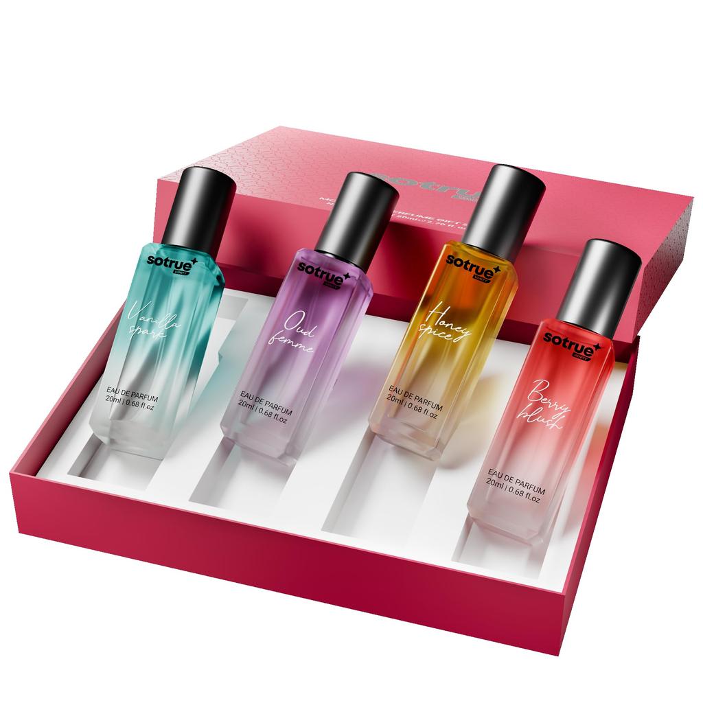 Sotrue Mood Box Perfume Gift Set for Women | 4x20 ml | Eau De Parfum | Premium Luxury Long Lasting Fragrance Spray | Berry Blush, Honey Spice, Oud F
