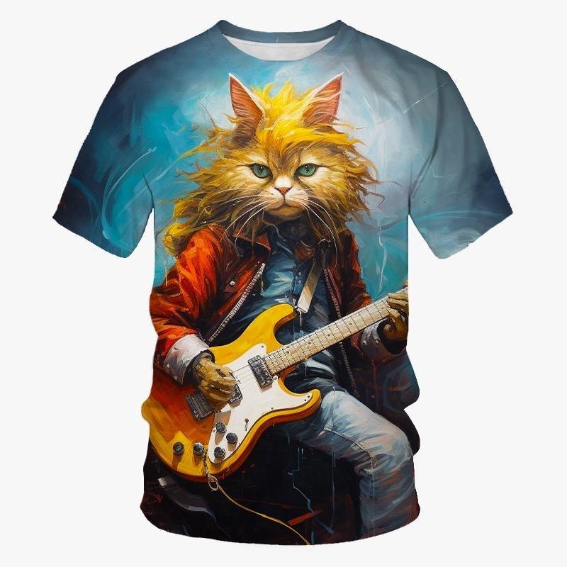 3d Print Guitar Bass Cat T Shirt For Men Animal Graphic T-shirt Hip-hop Personality Short Sleeves Round Neck Rock T-shirts