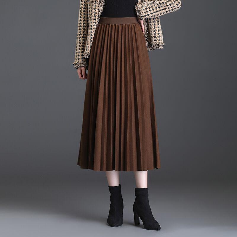 

Абрикосовая твидовая миди-юбка с высокой талией и плиссировкой для женщин - Осенне-зимняя стройнящая модель в стиле «аккордеон» XL (115-135 jin)