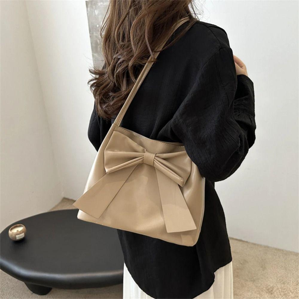 Solid Color INS Tote Bag Bucket Bag Fashion Underarm Bag Simple PU Bow Shoulder Bag  Women