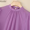 ZANZEA Women Casual Stand Neck Loose Solid Color 3/4 Sleeve Blouse