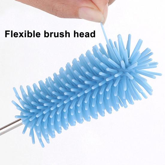 Silicone Bottle Brush with Stainless Steel Long Handle Press-Rotating Design Soft Bristle Cup Brush