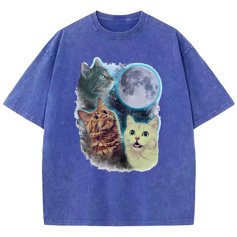 Funny T Shirt Vintage Washed Cotton T-Shirt Cat Moon Star Graphic Tee Casual Streetwear Spring Summer Top