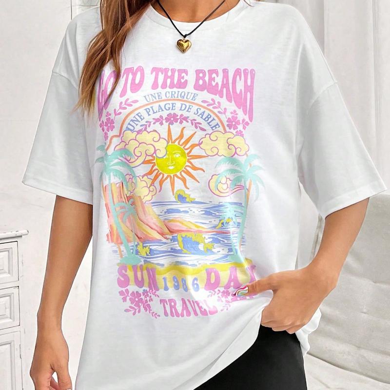 Sun & Letter Graphic Figure Pattern Print Series Round Neck Loose Short Sleeve T-Shirt Summer Casual Fashion Travel Tee Girls
