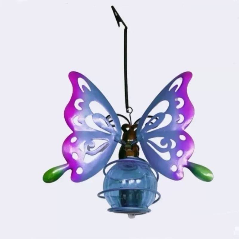 Garden Solar Lantern With Iron Bee And Butterfly Decor For Outdoor Yard Lighting