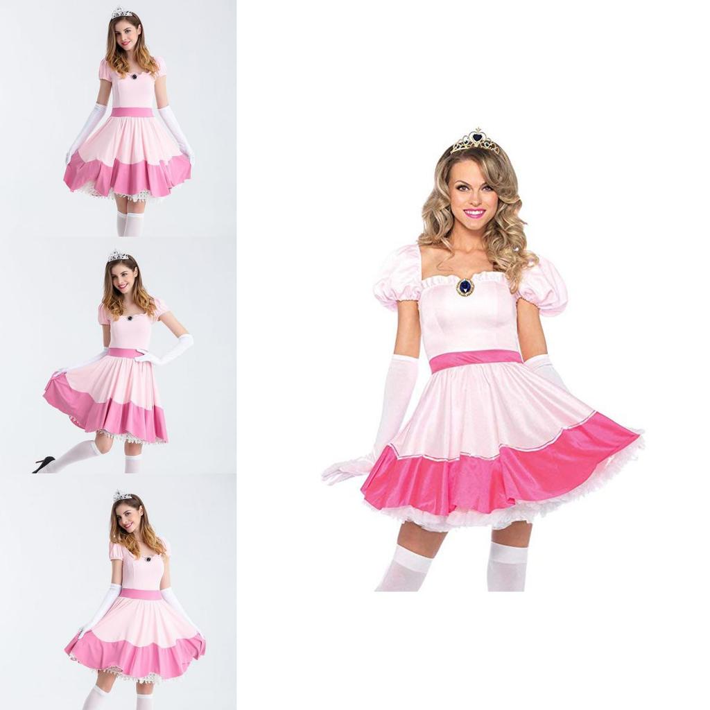 Elegant Super Mario Pink Princess Peach Costume Dress With Crown And Gloves Set