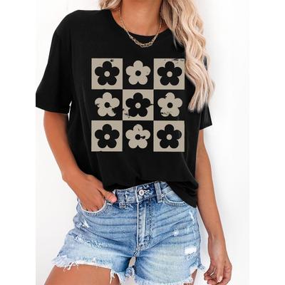 Damen Retro Stil Blumenmuster Kurzarm Rundhals Freizeit T-Shirt