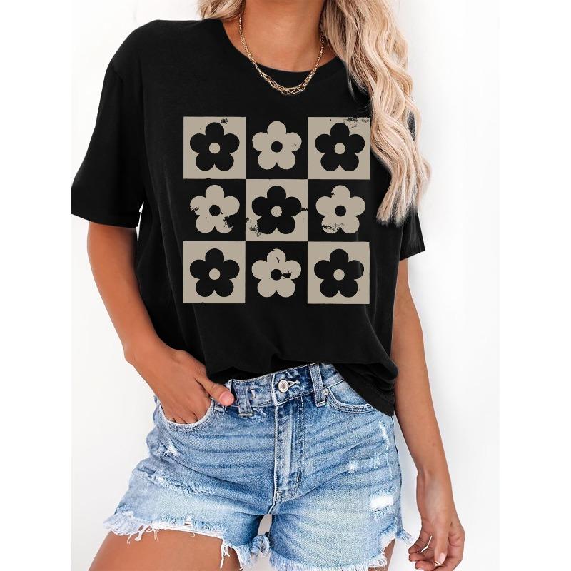 

Women s Retro Style Floral Pattern Short Sleeve Round Neck Casual T-Shirt 4XL чорний