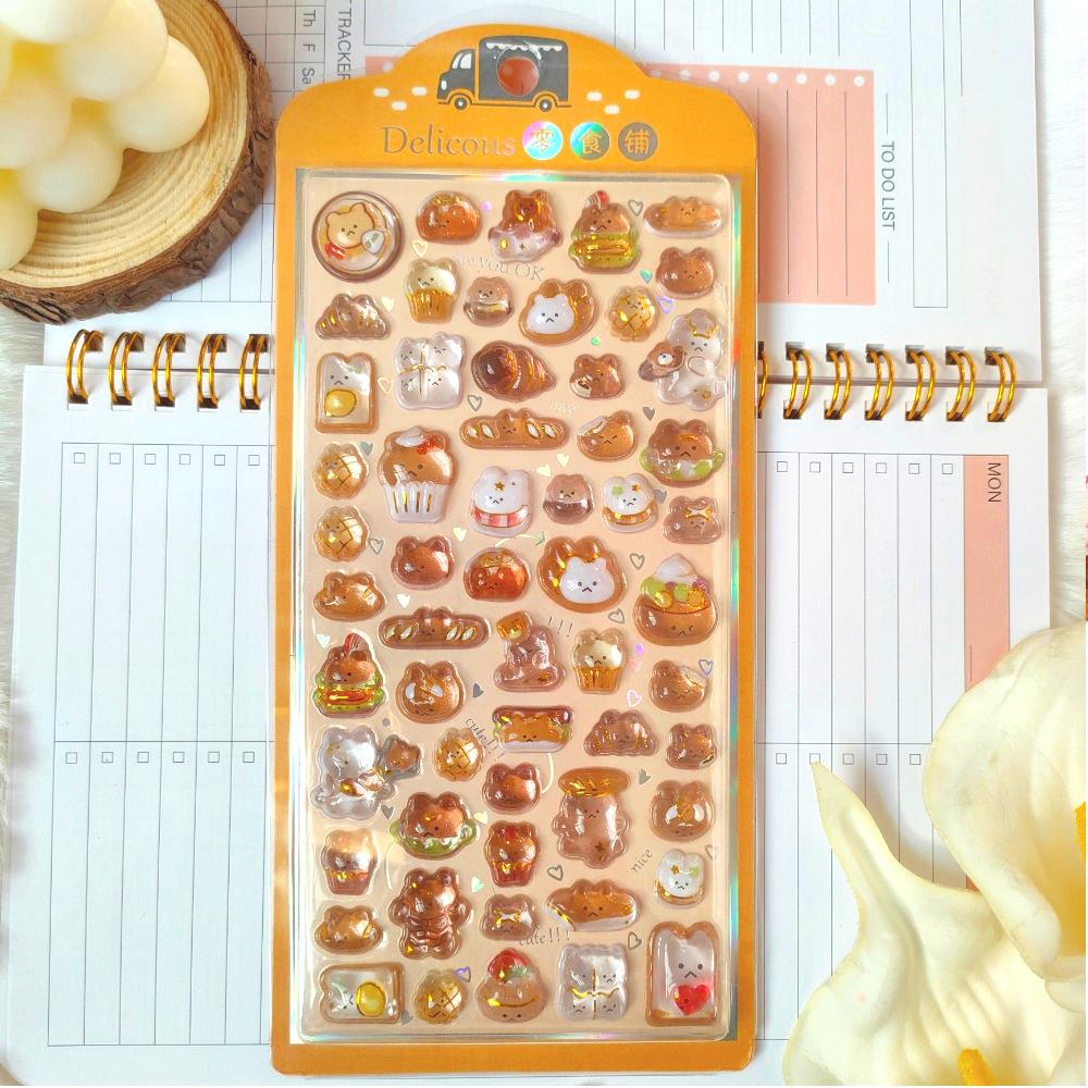 4pcs Children's Cartoon Fresh-style Reward Stickers - Dreamy Rabbit & Panda Crystal Embossed 3D Decorative Stickers for Journals