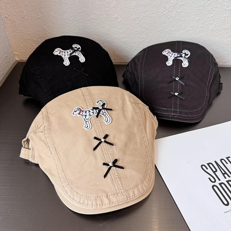 Retro With Beret Bow Decor And Cute Dogs Embroidered Design For Daily Use