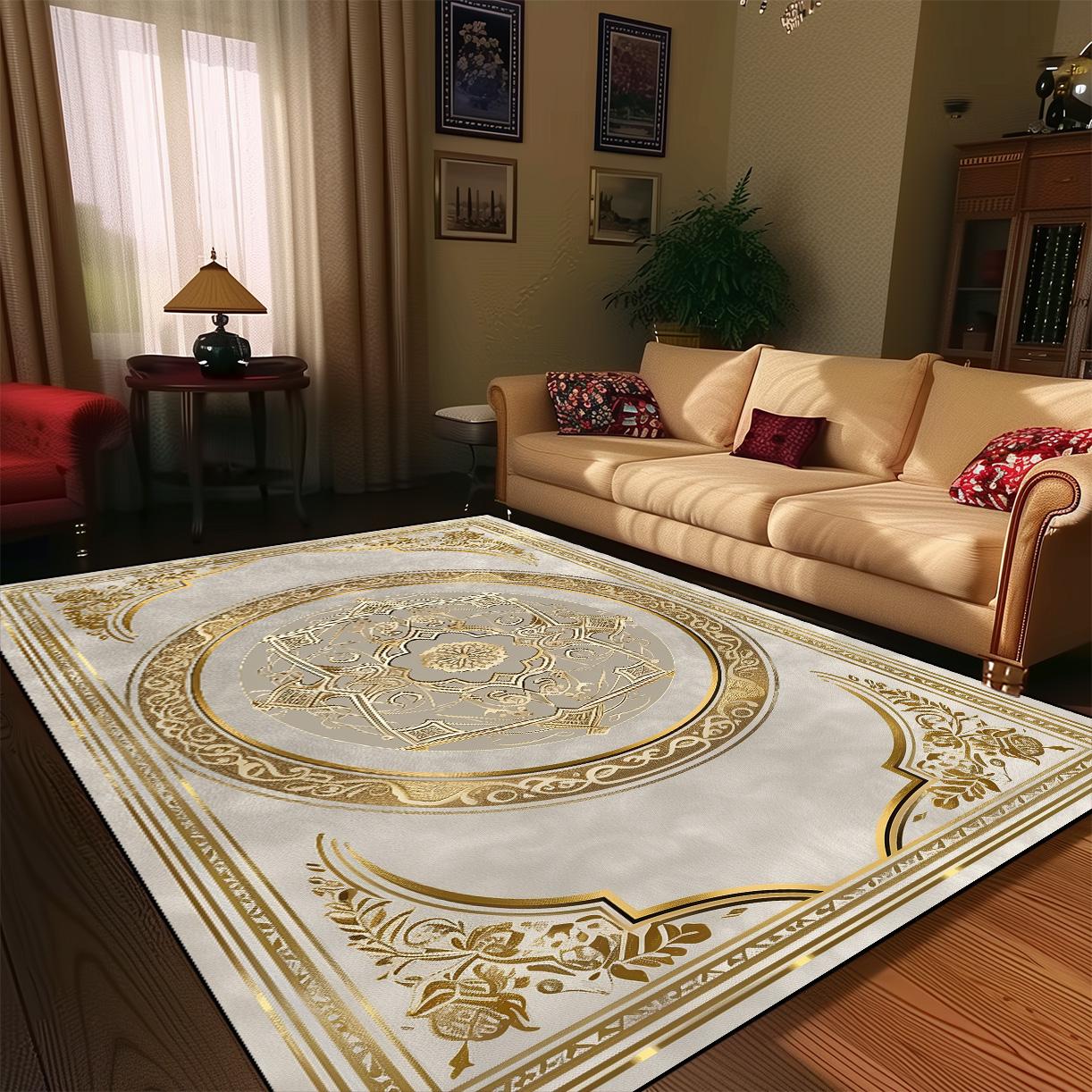 Decoración de Sala de Estar Alfombras Doradas Estilo Europeo Retro Alfombra Suave Vestíbulo Lado de Sofá Alfombra de Suelo Decoración de Habitación Alfombra Grande Antideslizante 200x300cm 78.7x118in