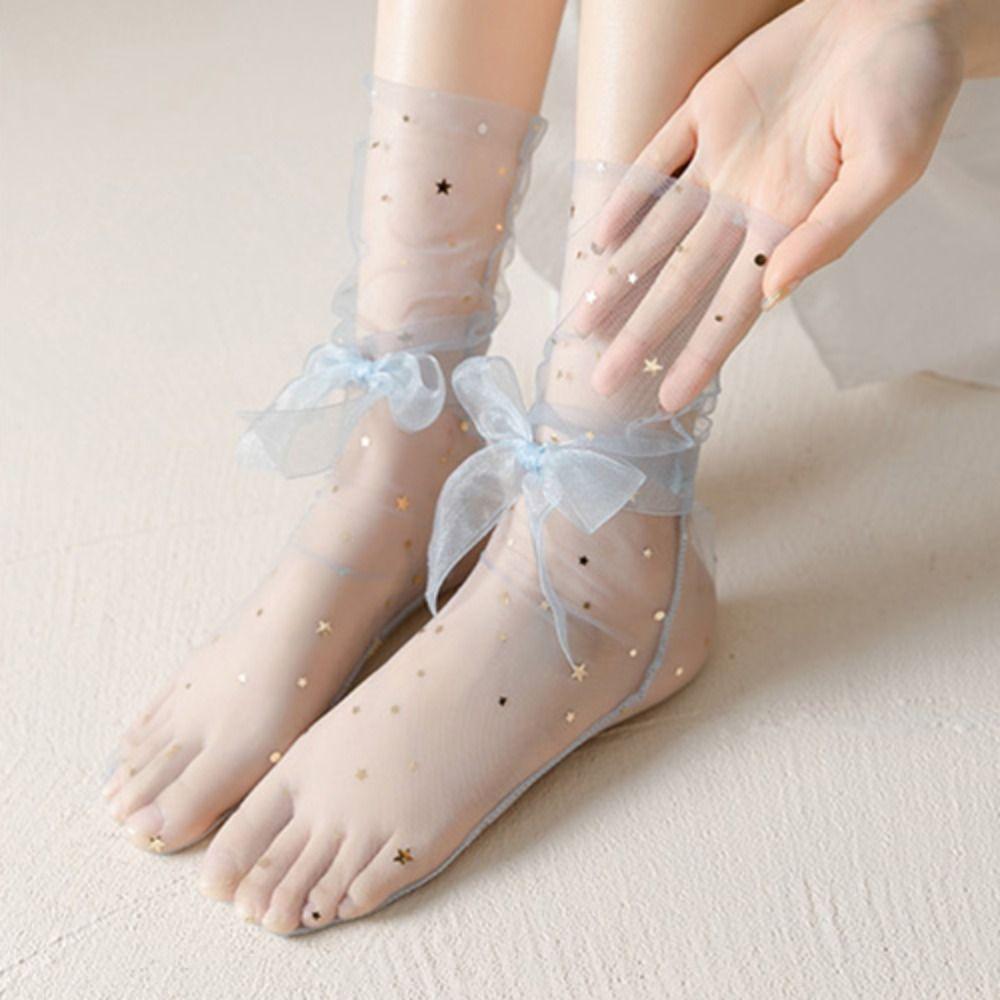 5Pairs Star Moon Tulle Shiny Socks Mid-calf Mesh Tube Socks Women Soft Transparent Bow Socks  Girl