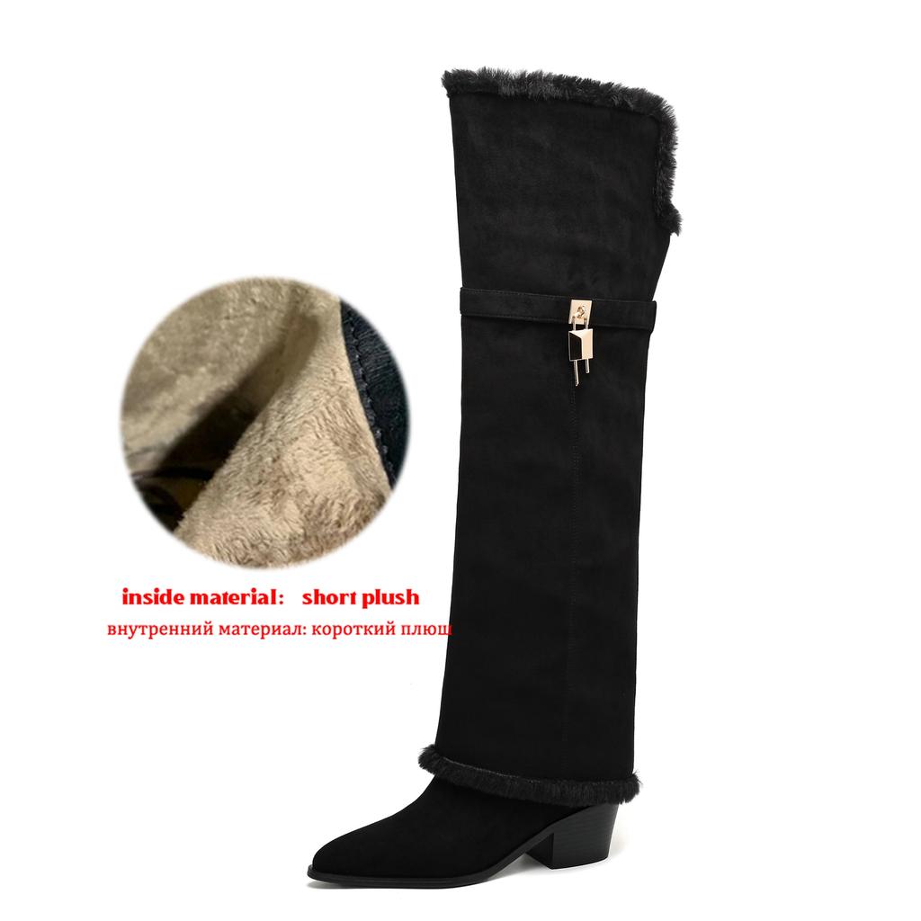 Krazing Pot Flock Pointed Toe Thick High Heels Thigh High Boots Size 46 Size 45 Slip On Plus Size Women Keep Warm Over-the-knee Boots