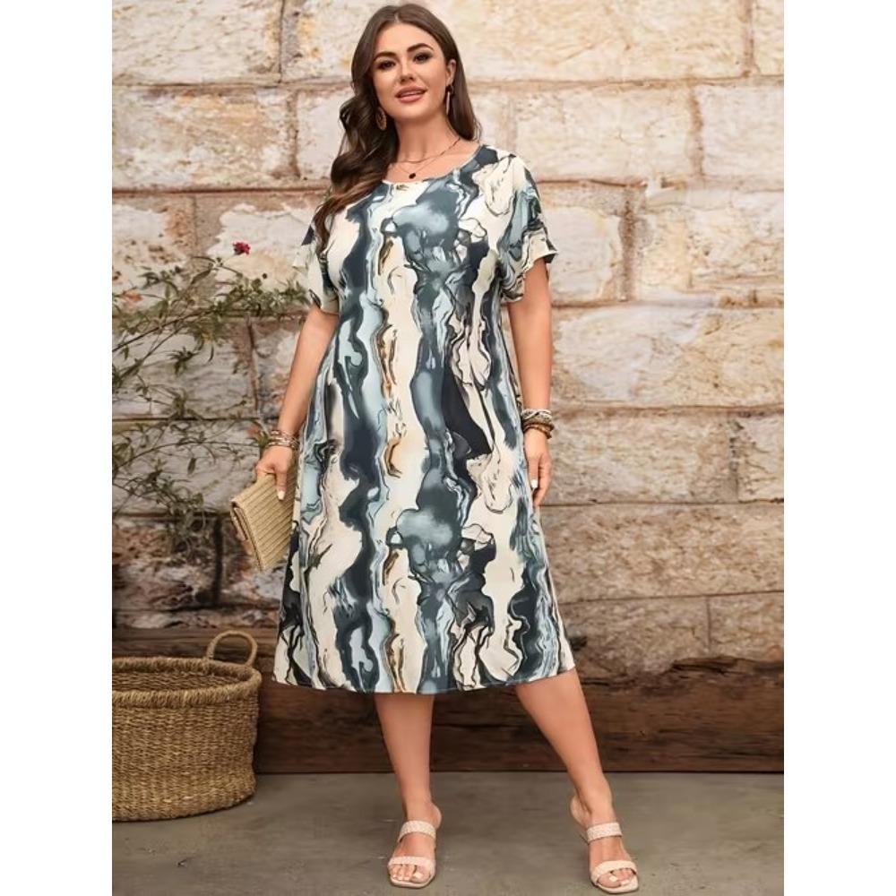Women's Fashion Graceful Beautiful and Exquisite Patterns Print Summer Spring Short Sleeve O-Neck Casual Dresses