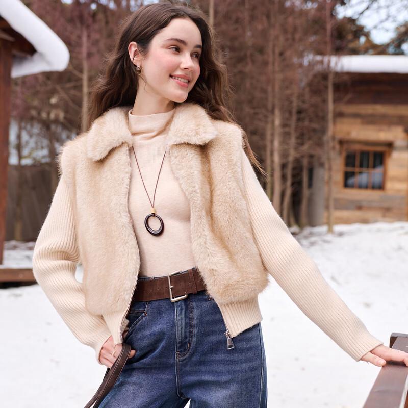 Betu Women's Faux Fur Panel Knit Zip-Up Jacket