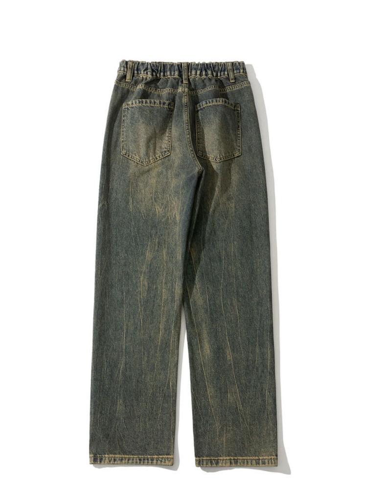 Męskie jeansy retro o luźnym kroju z prostą nogawką - japoński trend prania w żółtym błocie