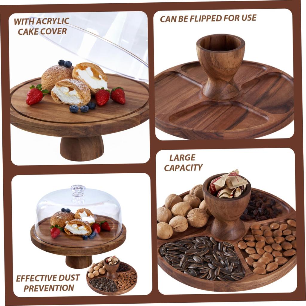 12 inch acrylic cover solid wood Cake Stand with feet round snack display plate can hold dessert cheese plate Brown
