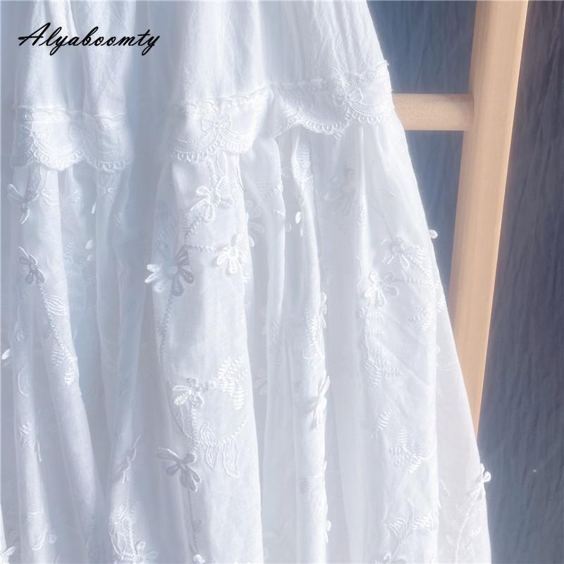 Mori Girl Sommar Höst Kvinnor Vit kjol Elastisk midja Blommor Patchwork Broderikjol Elegant Feminin Söt midikjol