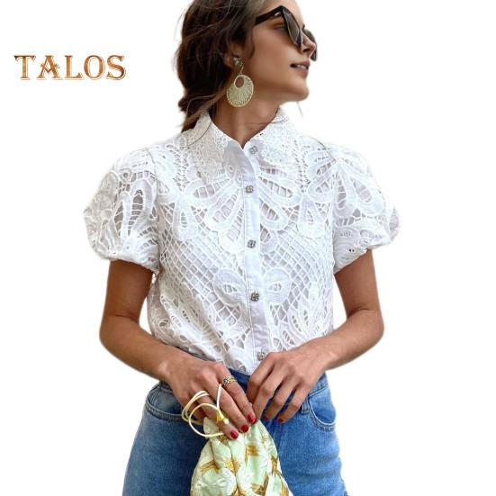 Women Shirt Lapel Puff Short Sleeve Slim Fit Shirt Tops Solid Color Button Closure Hollow Lace Crochet Blouse
