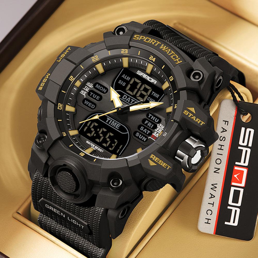 SANDA Sports Military Men's Watches Luxury Dual Display Watch 50M Waterproof Quartz Wristwatch for Male
