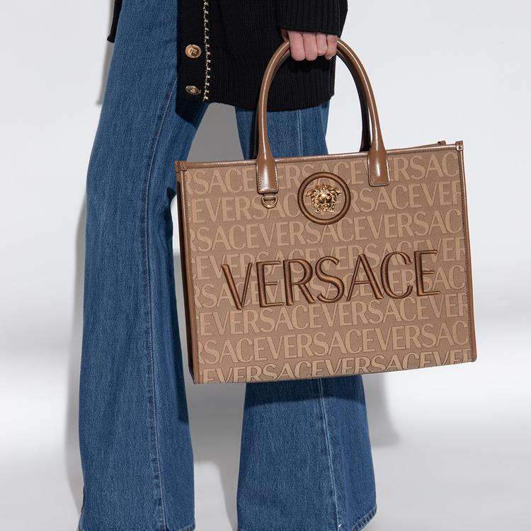 Versace Letter Embroidery Logo Medusa Classic Monogram Snap Button Tote Bag Women tote bags Brown 1004741-1A08199-2N24V