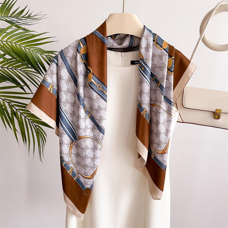 Simple Color Block Print Silk Scarf 90Cm Twill Scarf Versatile Square Scarf Sunscreen Shawl Headscarf Women