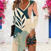 Women Plus Size V Neck Long Sleeve Printed White Teal A Line Dress