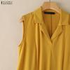 ZANZEA Women Casual Turn Down Collar Solid Color Loose Sleeveless Dress