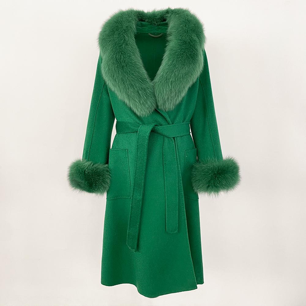 MENINA New  Autumn Winter Fashion 100% Wool Water-Corrugated Woolen Coat with Detachable Fox Fur Collar Women Daily Casual Wear